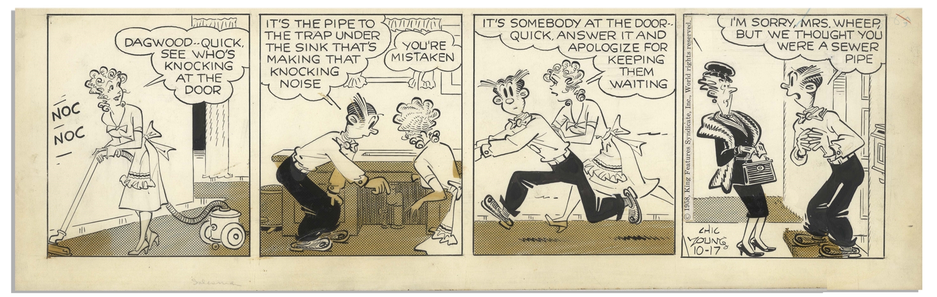 Chic Young Hand-Drawn ''Blondie'' Comic Strip From 1958 Titled ''Mistaken Identity'' -- Dagwood Sticks His Foot in His Mouth